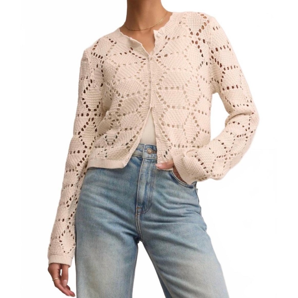 Z Supply Cream Pointelle Geometric Knit Button Cardigan Sweater ZW253328 Large